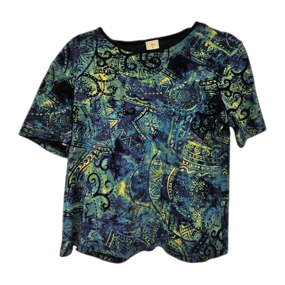 Vintage 90s Jess & Jane Artsy Bohemian Top Women M Blue USA Short Sleeve Teacher